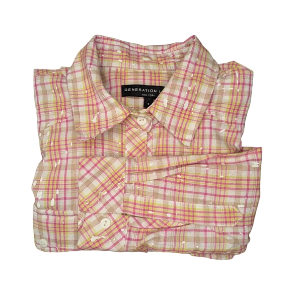 Generation Love Paint Splatter Plaid Button Up Pink and Yellow Size S Cotton - Picture 1 of 9